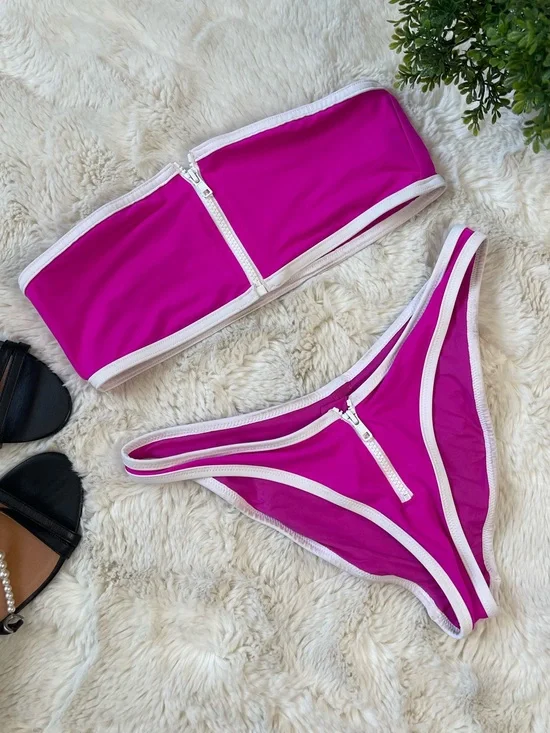 SKIMS Zip Up Swim Dipped Tanga Bikini Set – Top & Bottom – Size M