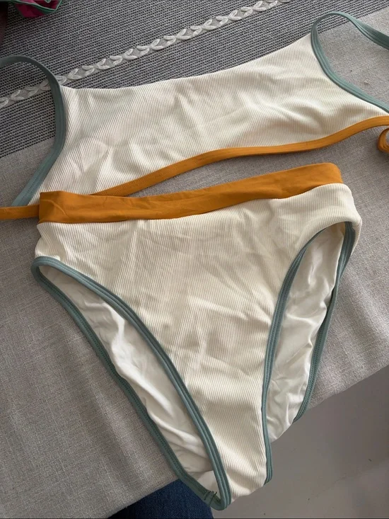 l*space Cream Ribbed Bikini with Mustard and Sage Trim