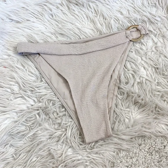 Monday Swimwear Taupe Grey Crinkle Gold Ring Bikini Bottoms