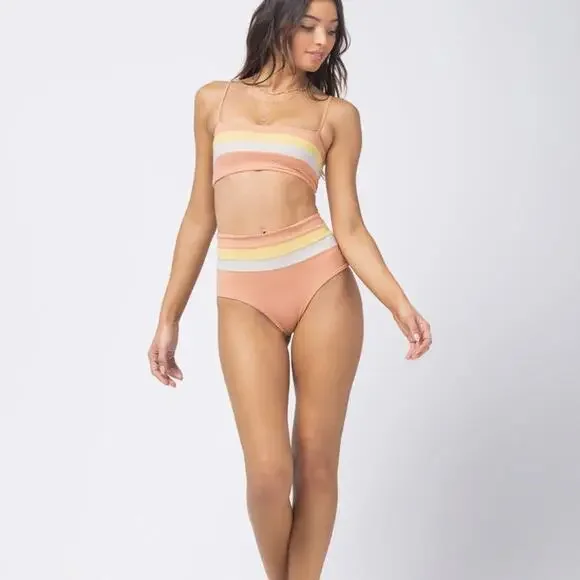 L*SPACE Rebel Stripe Bandeau Bikini Top Tangy Lemon Drop Cream XS NEW