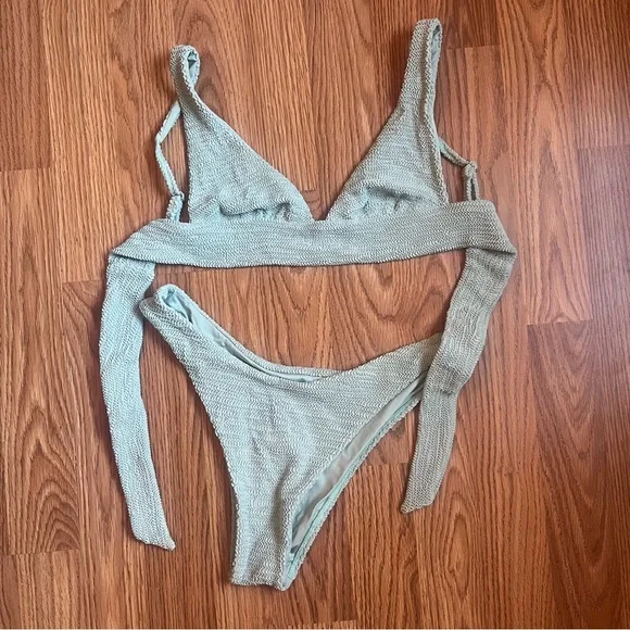 Monday Swimwear Sage Green Textured Bikini Set portofino top and Byron bottom