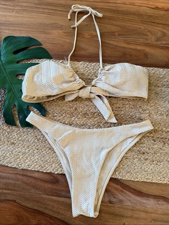 Monday Swimwear Cream Vanilla Bandeau Textured Bikini Set Med/Lg