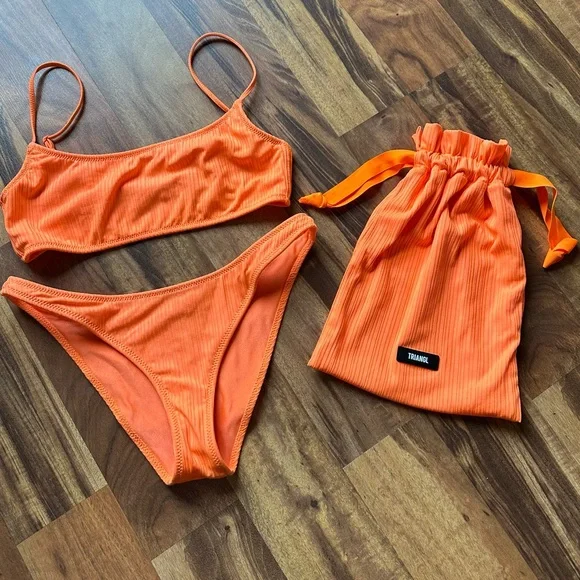 triangl swimwear Orange Ribbed Bikini Set with Drawstring Pouch