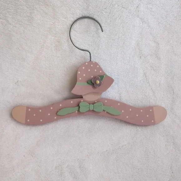 Vintage Wooden Clothes Hanger Girls Pink Polka Dot Sun Hat Cottagecore Child