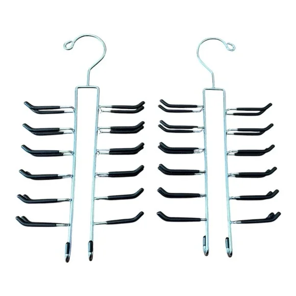 Lot of 2 Metal Tie Belt Scarf Hangers 12 Hook Closet Organizer Black Rubber Tips