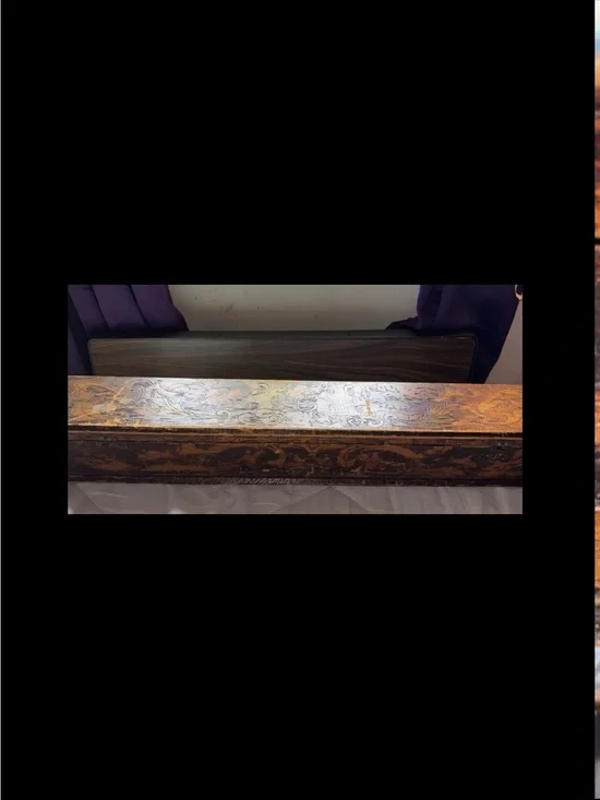 Antique Art Nouveau Wooden Storage Box Pyrography artist design on lid! Awesome