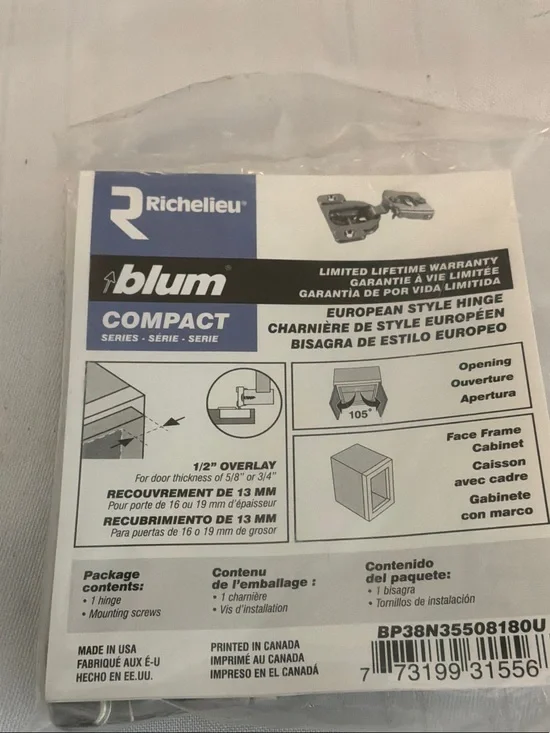 Richelieu Blum Compact European Style Hinge - White/Blue Packaging