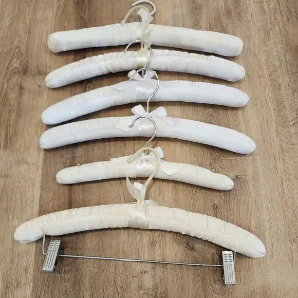 Lot of 6 Vintage Ivory White Satin Padded Hangers 15