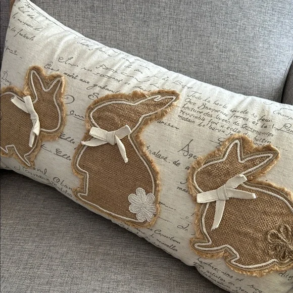 Shabby Chic Cottage Decorative Pillow with Burlap Bunnies and French script