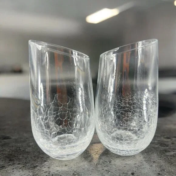 Pier 1 Clear Crackled Slanted Angled Rim‎ Stemless Wine Glasses Tumbler Set 2