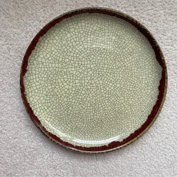 Vintage Pier 1 Rustic Crackle Glaze Ceramic Plate Red Rim Artisan Pottery Decor