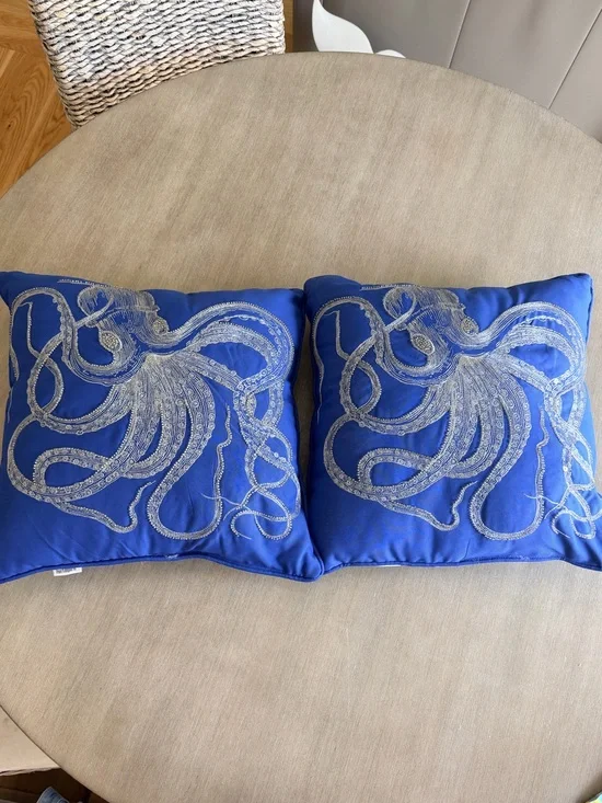 Blue Octopus Embroidered Throw Pillow Pair - Coastal Home Accent