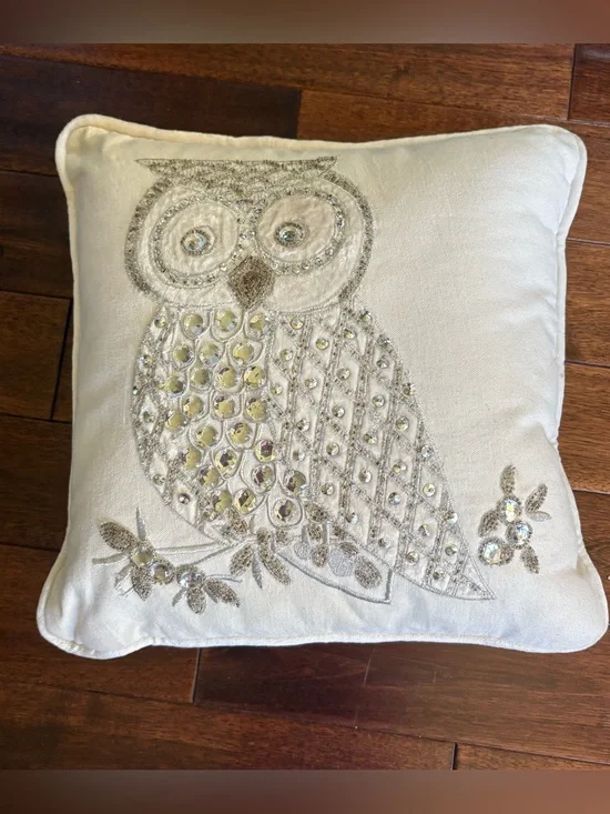Pier 1 Sequined Owl Throw Pillow Embroidered Jeweled 14x14