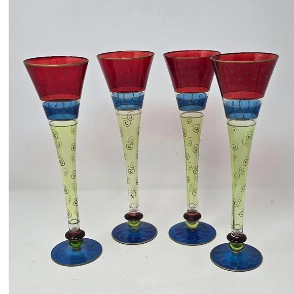 Pier 1 hand painted and blown Champagne flutes Multi Color hollow stem set of 4