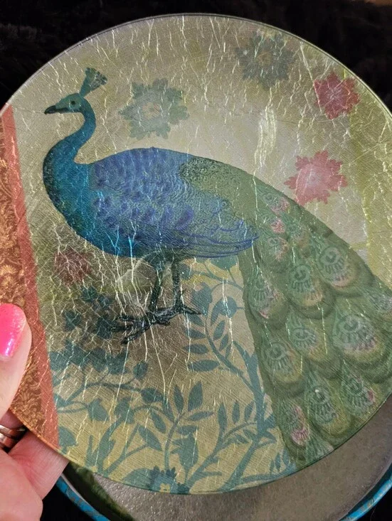 NIB Pier 1 Imports Peacock 6” Glass Appetizer Plates Set of 4 Retired