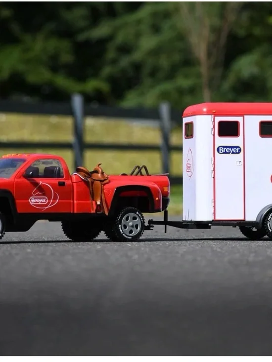 Breyer Red Pickup Truck with White Horse Trailer and Saddle
