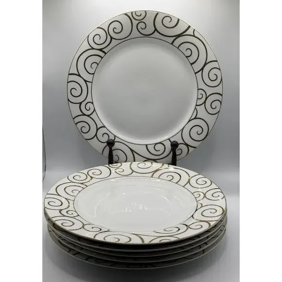 Pier 1 Gold Swirl Dinner Plates Set of 5 Retired White Porcelain