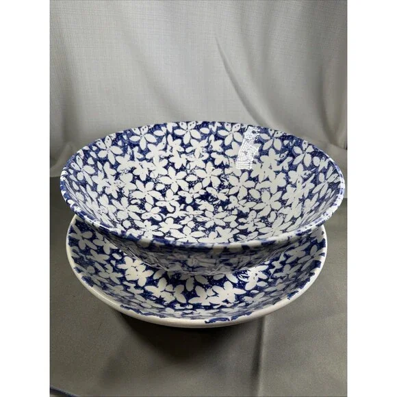 Vintage Pier 1 Italy Hand Painted Blue White Floral Serving Bowls 12