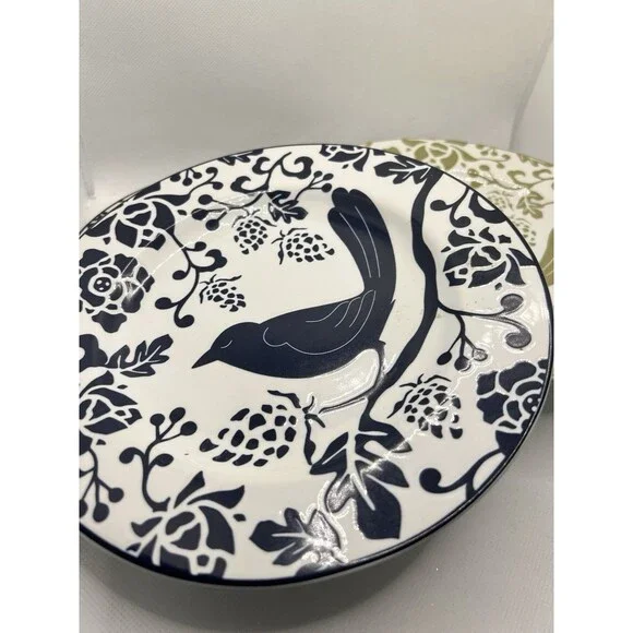 3 Pier 1 Imports blue & Green Bird Stoneware 8” Luncheon Salad Dessert Plates