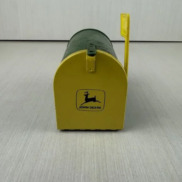 Vintage John Deere Metal Mailbox, Bank with Plastic Flag - ERTL, 5 1/4” D x 4” H