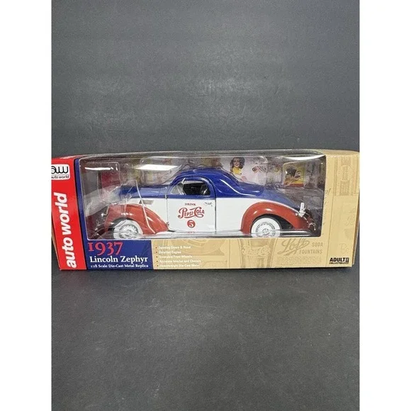 Auto World 1937 Lincoln Zephyr Pepsi Cola 1:18 Diecast Car w/ Box Opening Parts