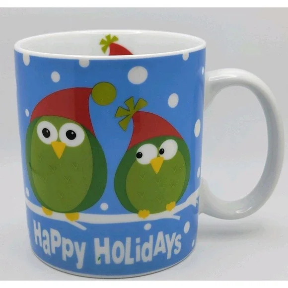 Pier 1 Happy Holidays Stoneware‎ Coffee Mug Blue Owl Christmas Whimsical Cozy
