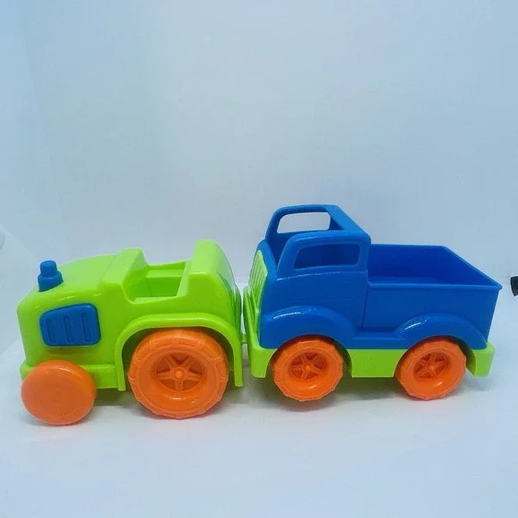 Push and‎ Go Tractor & Pick-Up Truck Blue Green Orange Wheels Tractor Has Hitch