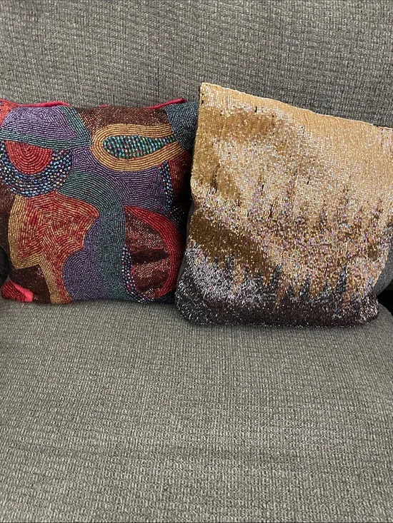 Pier 1 set of 2 Multicolor Beaded & Gold Sequin Accent Pillows 14x14 luxury