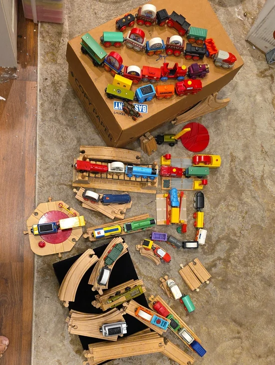Vintage Multicolor Wooden Train Set with Engines, Cars & Tracks