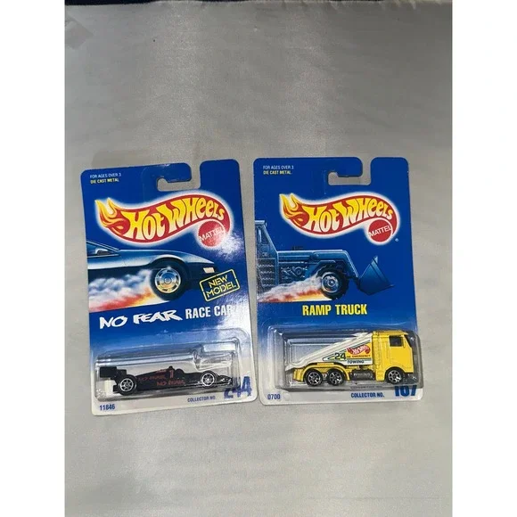 Vintage Hot Wheels No Fear Race Car 244 & Ramp Truck 187 Diecast Lot 1991 Mattel