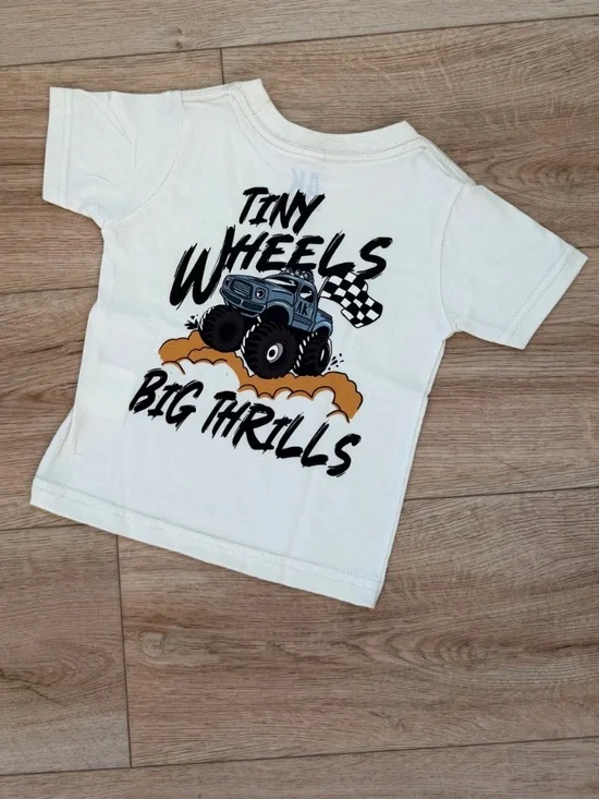 Kids 'Tiny Wheels Big Thrills' Monster Truck Tee - White with Blue & Black
