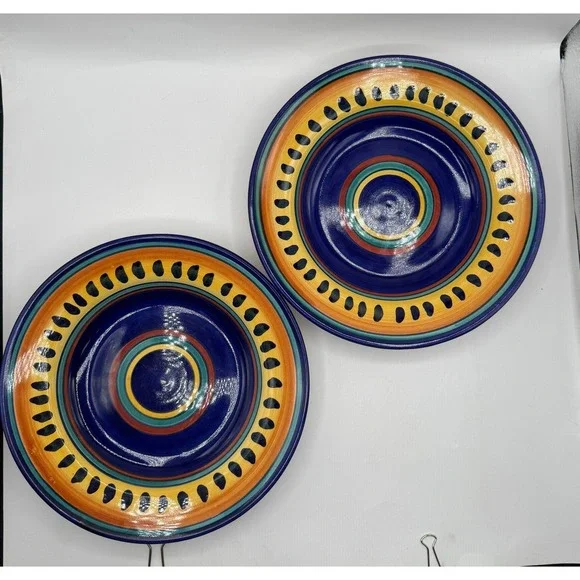 Pier 1 Italian Swirl Pasta Bowls Set of 2 Blue Orange Yellow Handpainted Italy