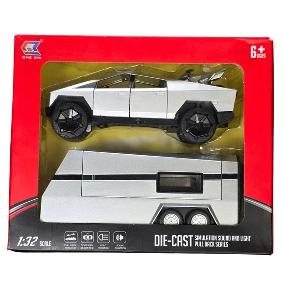 Che Zhi Die-Cast Cybertruck with RV Trailer 1:32 Silver Pull Back Series NIB