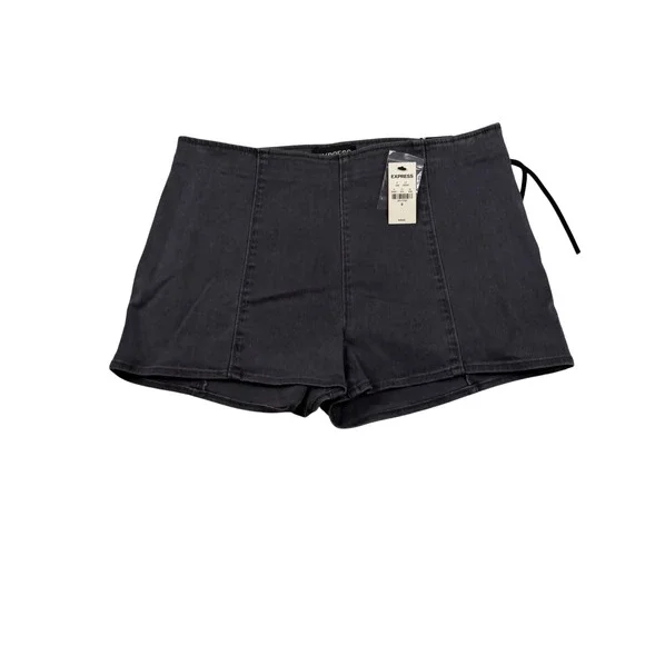 Express High Rise Seamed Denim Shorts Charcoal Gray Side Zip Tassel Size 8 NEW
