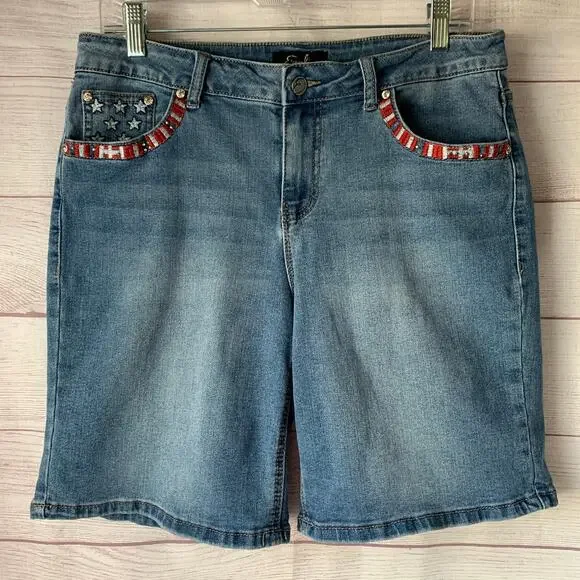 Earl Jeans Bermuda Denim Jean Shorts Patriotic Flag Embellishments Size 12