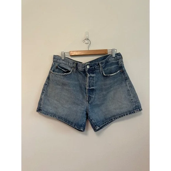 Agolde Parker Long High Rise Denim Shorts in Medium Wash Blue | Size 31