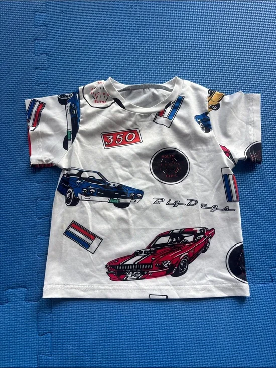 Zara White Kids Tee with Red & Blue Racing Car Prints