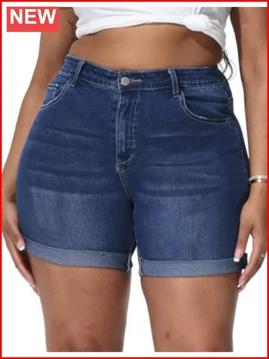 Plus Size Stretchy High Waisted Distressed Fold Hem Denim Shorts