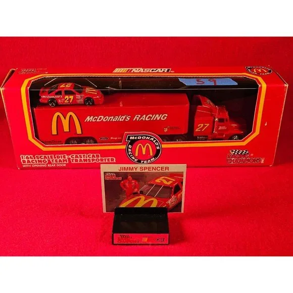 JIMMY SPENCER‎ NASCAR #27 TRANSPORTER BUNDLE w/MATCHING STOCKCAR & PLAYER CARD