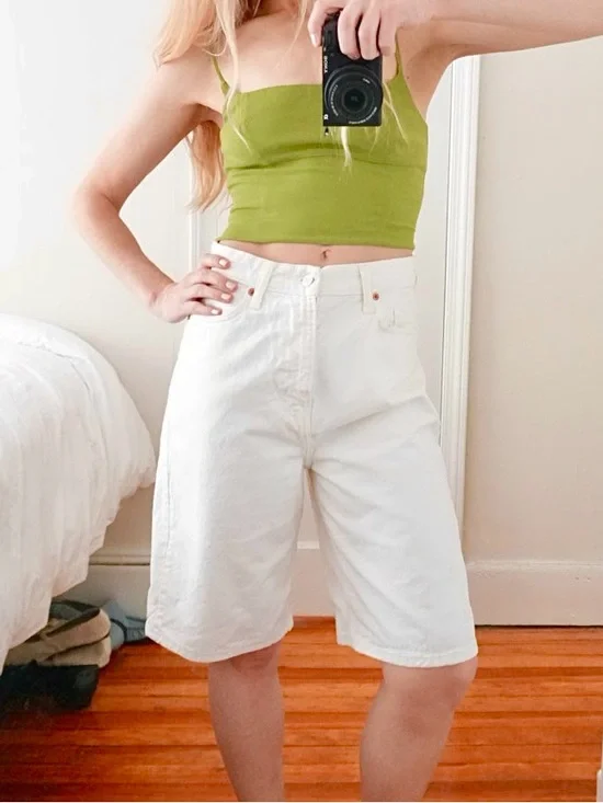 H&M White Wide-Leg Knee-Length Denim Bermuda Baggy Shorts