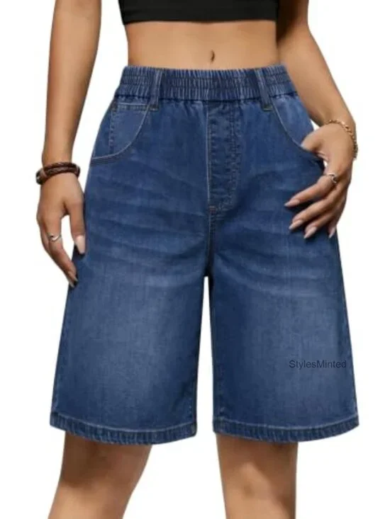 Womens Bermuda Jean Shorts Elastic Waisted Long Denim Shorts Baggy Jorts Knee