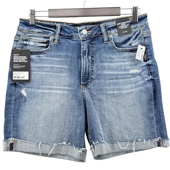 Silver Jeans Co Sure Thing Long Short Womens 31 Indigo NWT High Rise Distressed