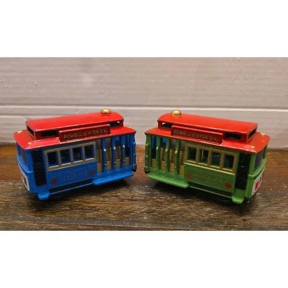 Lot of 2 Vintage San Francisco Cable Car Toy Trolleys Powell & Hyde Blue Green
