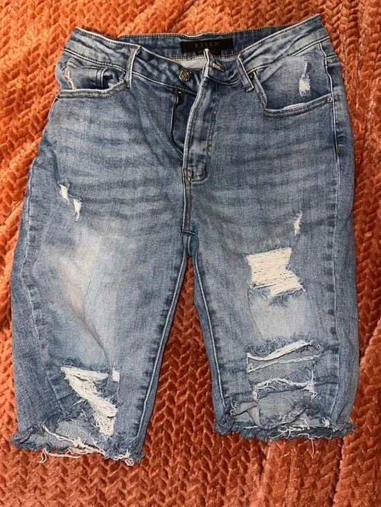 Risen Light Blue Distressed Denim Jean Shorts