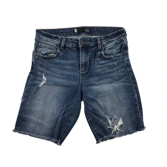 KUT from the Kloth Sophie Bermuda Distressed Denim Shorts Blue Women 6 Raw Hem