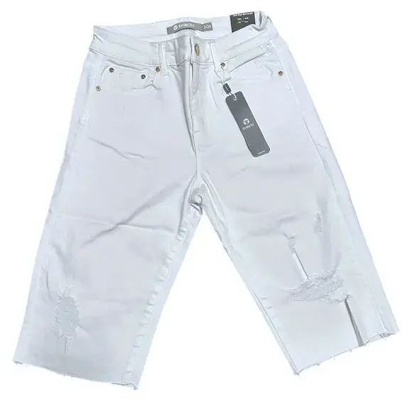 NWT Tractr Women's Mid Rise Bermuda Denim Shorts White‎ Size 2/26 Summer Frayed