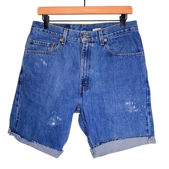 VINTAGE LEVIS cutoff cuffed 505 Regular Fit Long Line Bermuda denim shorts 33