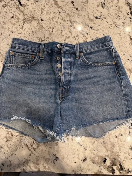Agolde Parker Long Button-Fly Distressed Denim Shorts