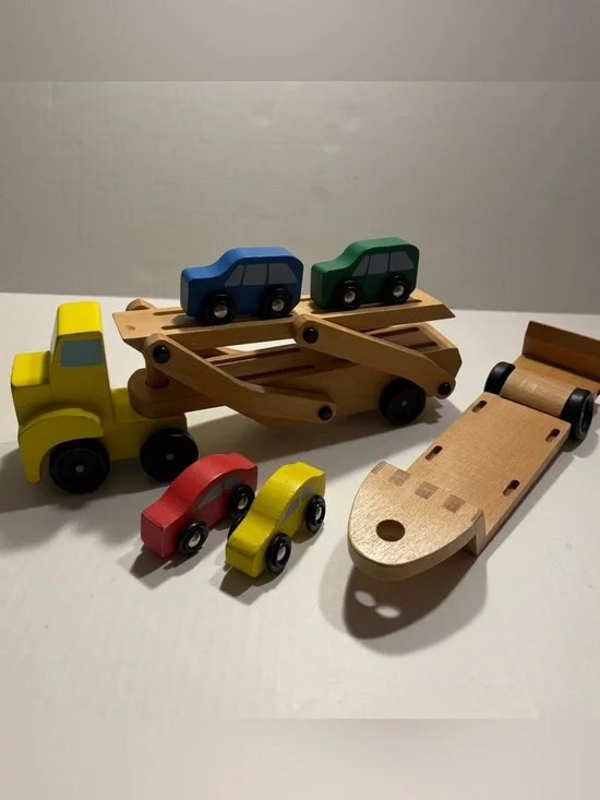 Melissa & Doug Flatbed Trailer, Double Trailer and Wooden Vehicle Set (7 pc)