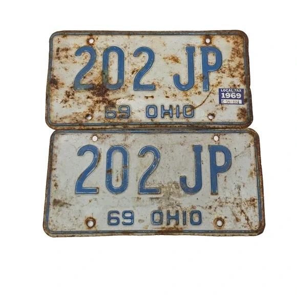 Vintage Original 1969 OHIO License Plate - Pair‎ of Plates 202 JP (9-4)
